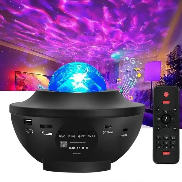 Galaxy Projector lighting up a dark bedroom